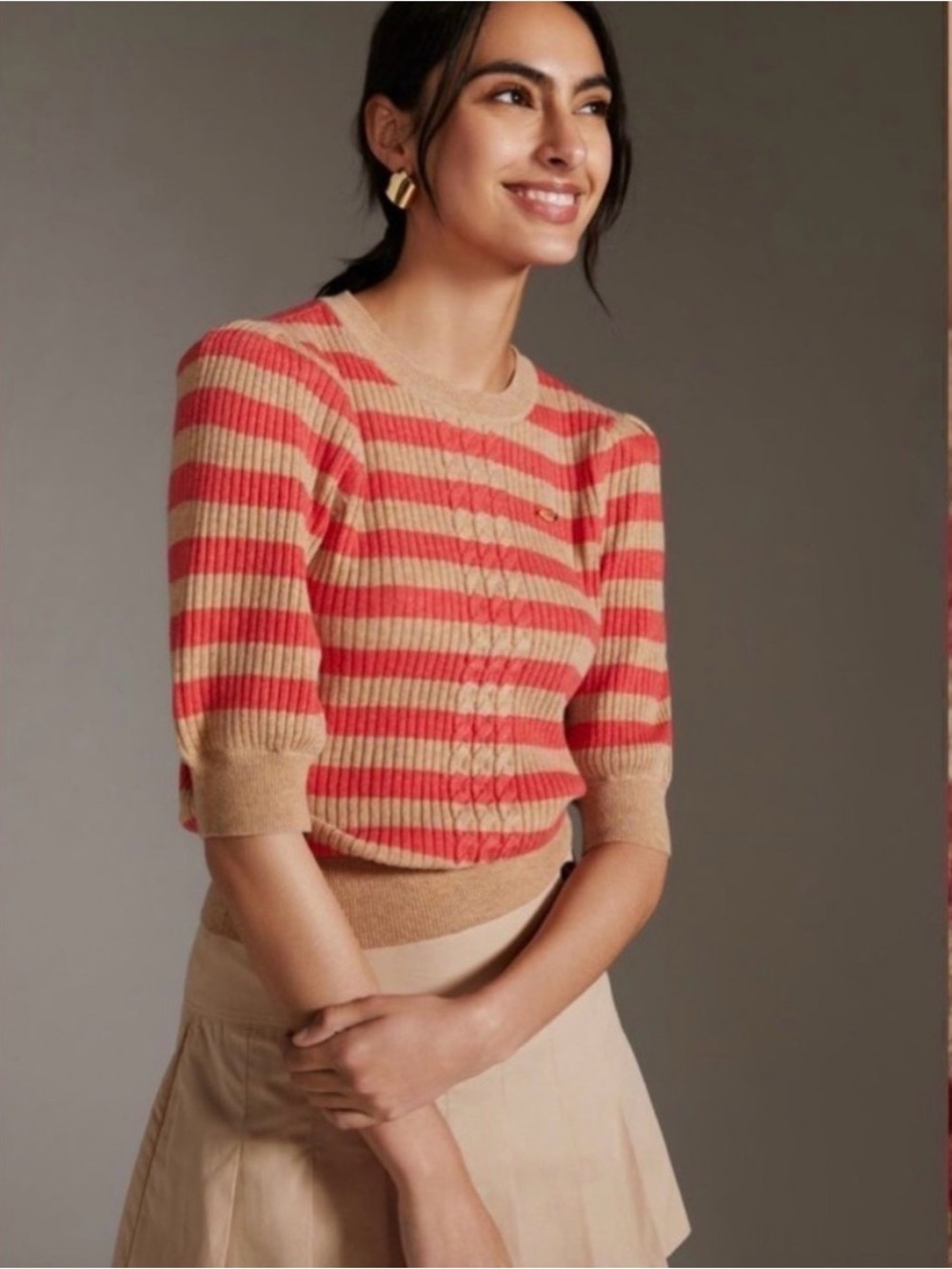 Scotch & Soda Coral Pink and Tan Striped Short-Sleeve Knit Sweater